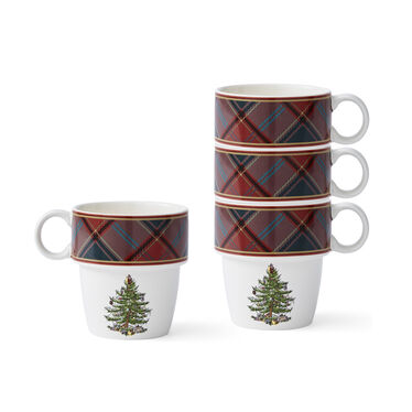 Christmas Tree Tartan Set of 4 Stacking Mugs